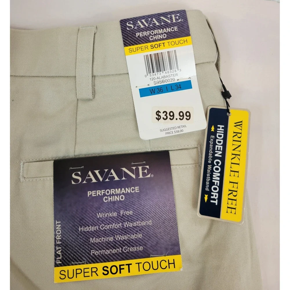 Savane Performance Chino Mens 36x34 Alabaster Beige Flat Front S9SB0029 NWT